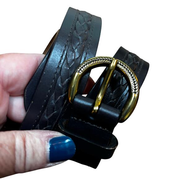 Talbots Navy Blue leather belt brass buckle textured braided classic preppy S - Picture 7 of 7